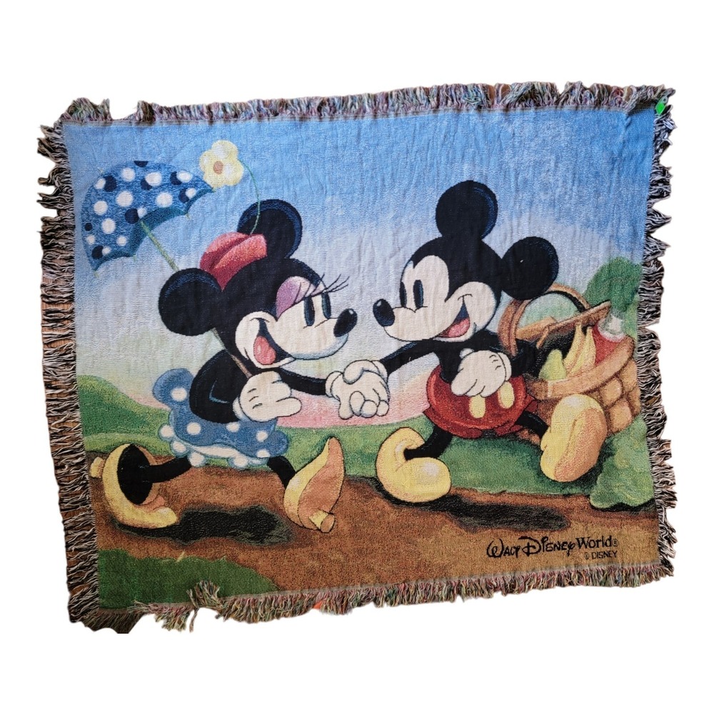 Vintage Disney World Mickey & Minnie Mouse Blanket Tapestry Woven Throw‎ Fringe.